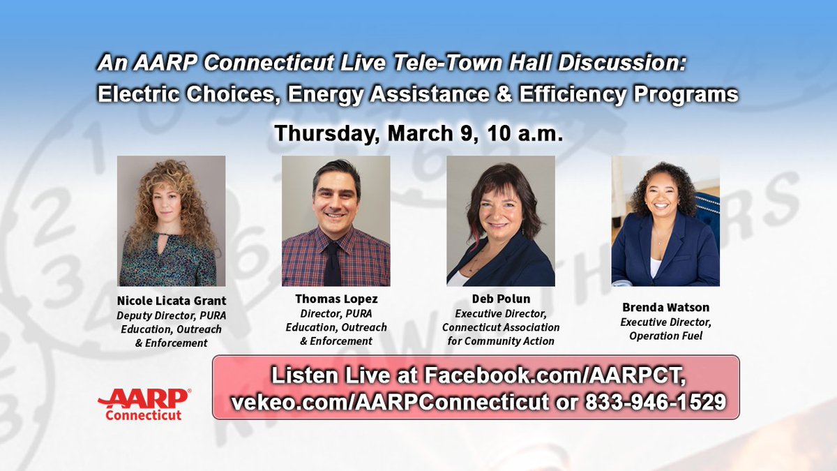 Tomorrow! CAFCA's Executive Director @debpolun will join @AARPCT, @OperationFuel, and @CT_PURA to discuss #EnergyAssistance, electric choices, and efficiency programs. Tune in!