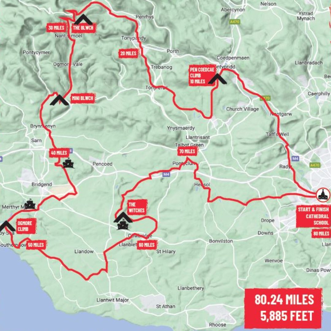 Here's a sneak peek at the map for #MonsterRide, featuring the iconic Bwlch Mountain and its cheeky cousin Mini Bwlch! The route starts and ends at Cathedral School <a href="/cslcardiff/">Cathedral School</a> #Cardiff, with climbs including Pen-y-Coedcae Hill and the Bwlch castlesandcathedrals.org.uk