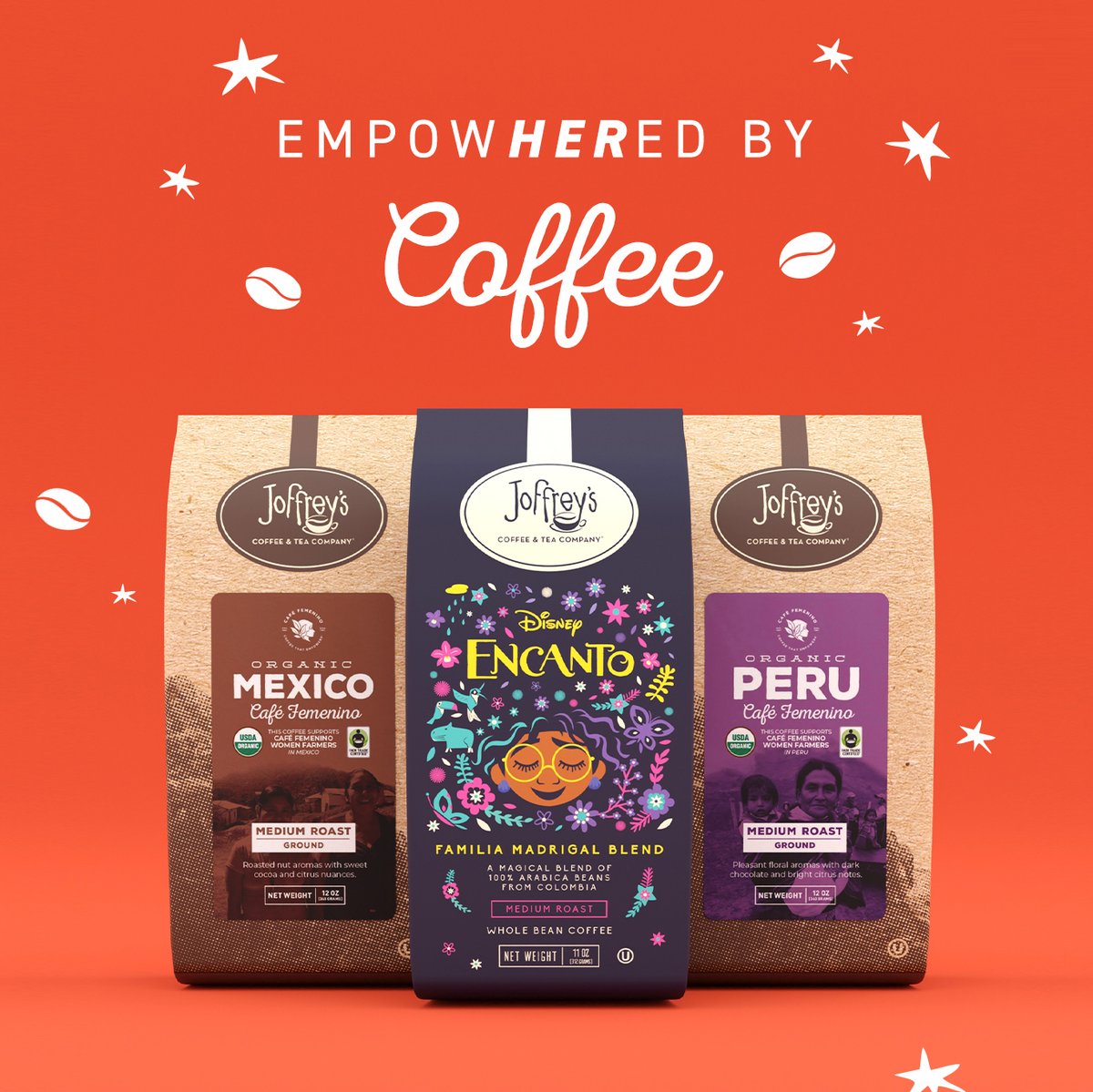 JoffreysCoffee's tweet image. Start your day empowHERed by coffee ☕️ Celebrate the strong and powerful women in your life with Disney Encanto Familia Madrigal Blend, featuring art of Mirabel Madrigal and Café Femenino coffees – exclusively produced by women coffee farmers. #InternationalWomensDay