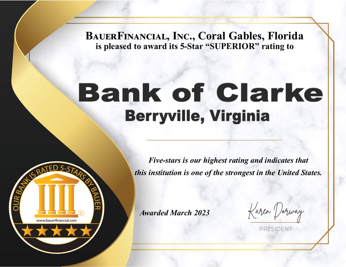 BankofClarke's tweet photo. We are pleased to announce that we received a 5-star superior rating from Bauer Financial, Inc. We are so happy to be serving such a great community! #Buildinglifelongrelationships #Werethebankforthat https://t.co/9k1Txw0Mmk