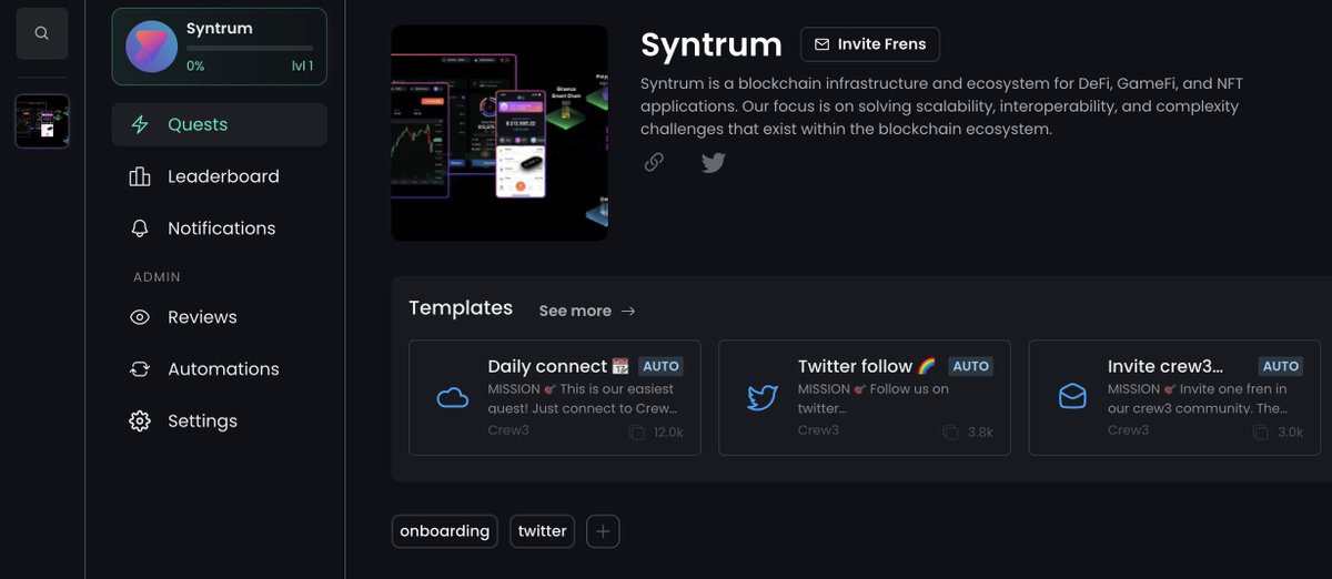 Syntrum Blockchain (@0xsyntrum) on Twitter photo We're excited to announce that the <a href="/0xSyntrum/">Syntrum Blockchain</a> community on @Crew3xyz is now live! Join us to engage with our community, share ideas, earn and grow together. Click the link below to become a part of our community.
crew3.xyz/c/syntrum/invi…
#p2e #defi #nft #blockchain #crypto We're excited to announce that the <a href="/0xSyntrum/">Syntrum Blockchain</a> community on @Crew3xyz is now live! Join us to engage with our community, share ideas, earn and grow together. Click the link below to become a part of our community.
crew3.xyz/c/syntrum/invi…
#p2e #defi #nft #blockchain #crypto