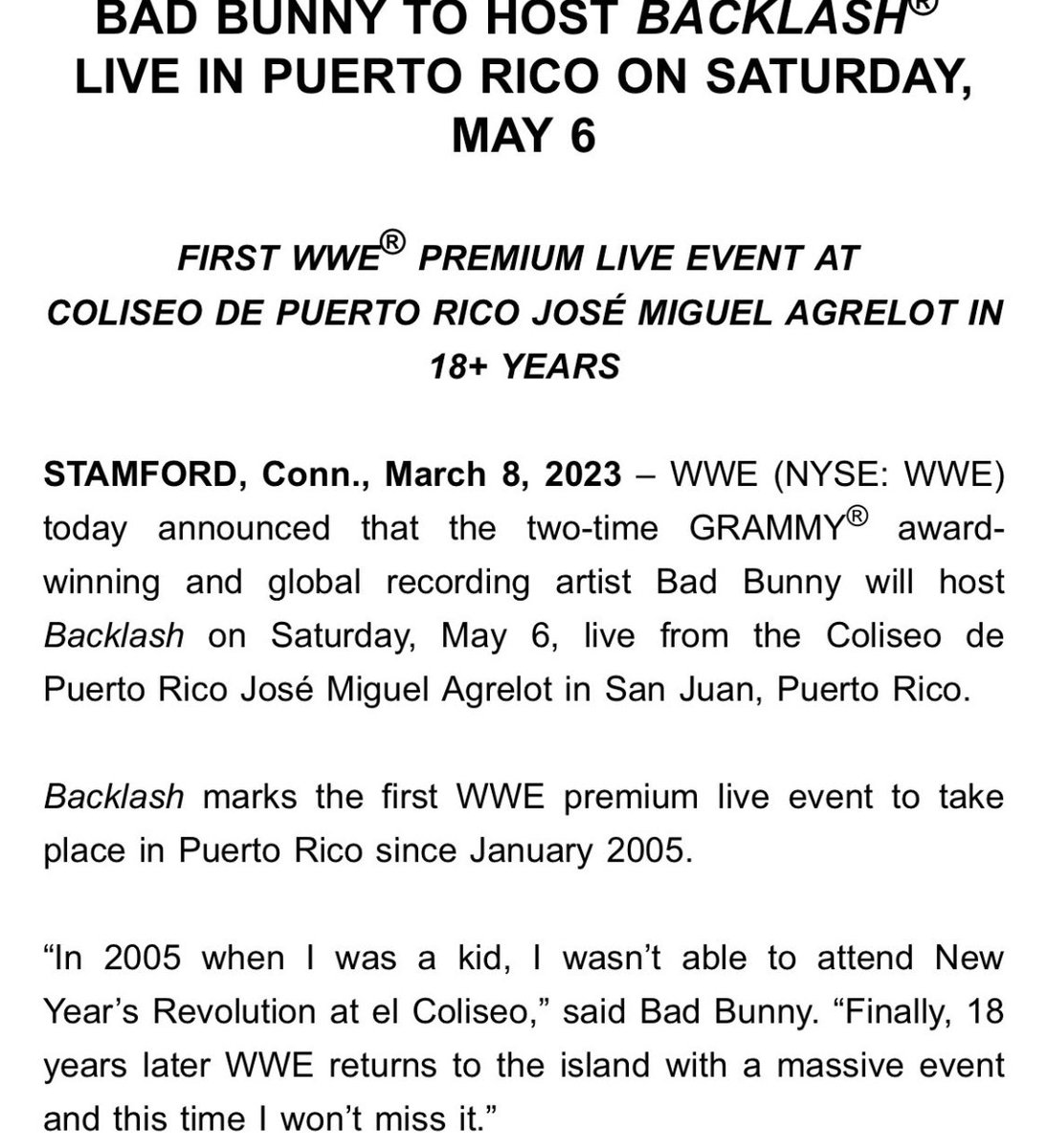 WrestleOps's tweet photo. BREAKING: Bad Bunny will host WWE’s Backlash PPV in Puerto Rico this May!

The May 6 show will air live from the Coliseo de Puerto Rico José Miguel Agrelot in San Juan, marking the first WWE premium live event to take place in Puerto Rico since January 2005. https://t.co/6fCksPfsBA