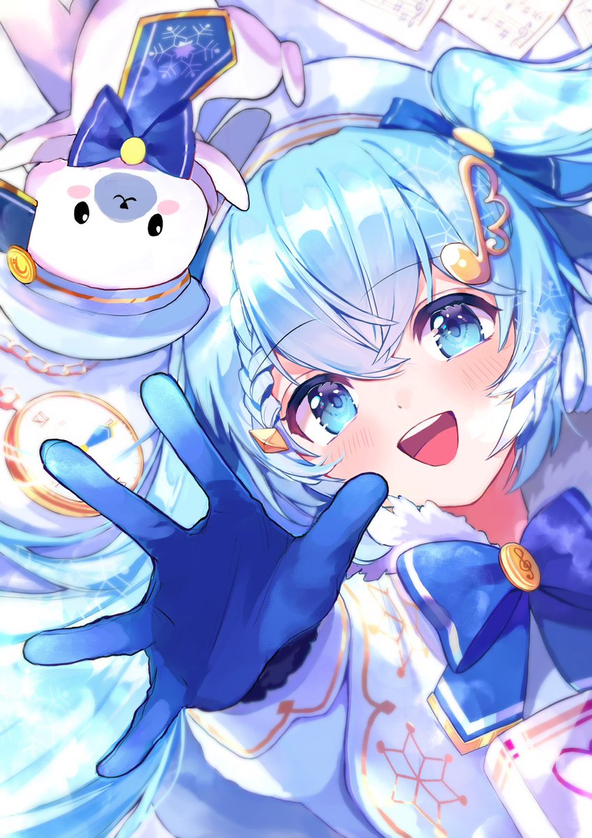 hatsune miku ,rabbit yukine ,yuki miku 1girl gloves hat white headwear rabbit blue gloves bow  illustration images