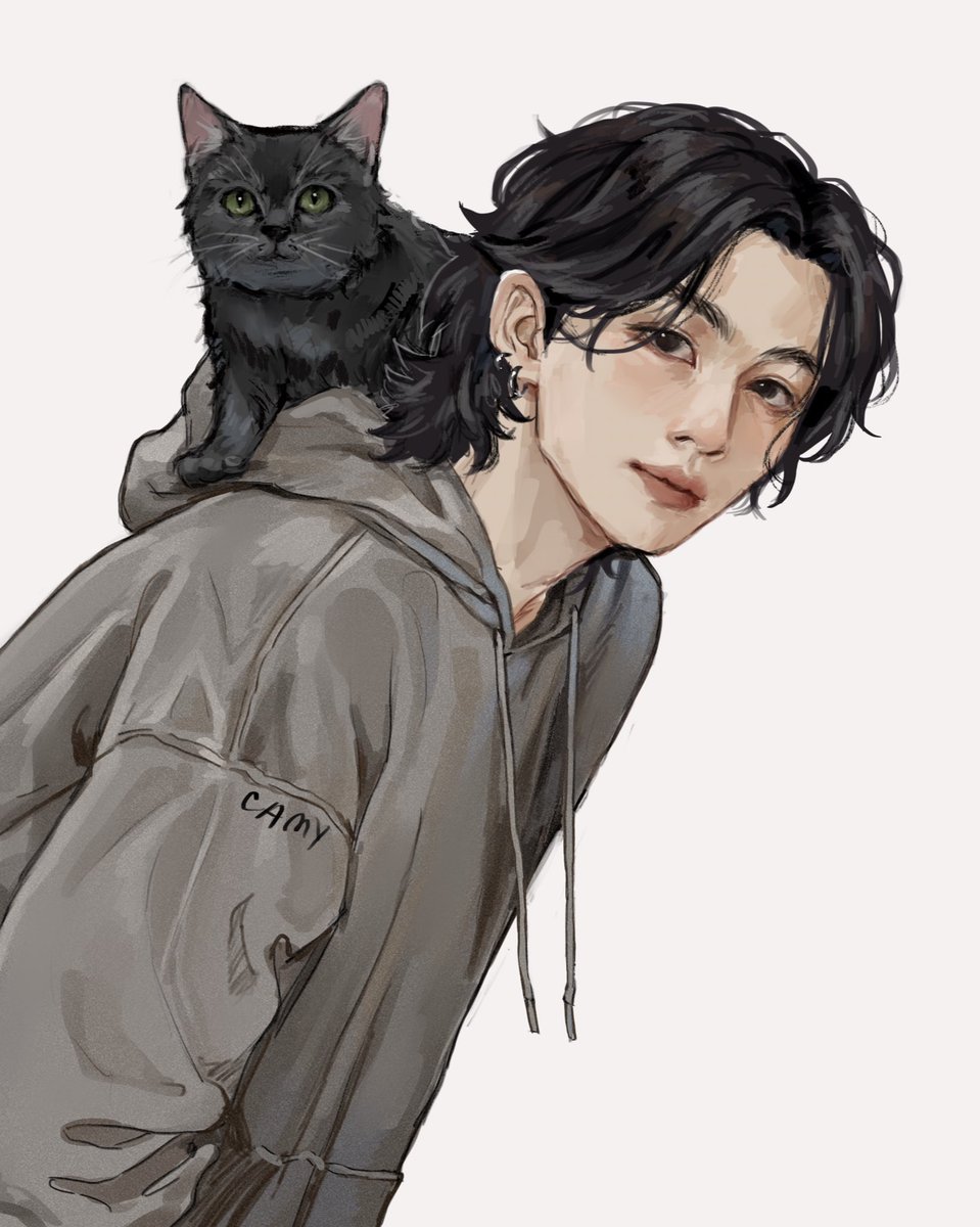 cat black hair hood grey hoodie white background jewelry earrings  illustration images