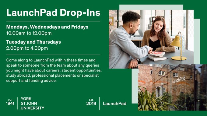 Want to talk to a member of our incredible @YSJJobsCareers team? They've relaunched their always popular drop-in sessions.    

Pop along to talk to them about: 
Careers🧑‍💼
Student opportunities🧑‍💻
study abroad✈️
professional placements💼
Specialist support 🤝
Funding advice 💷