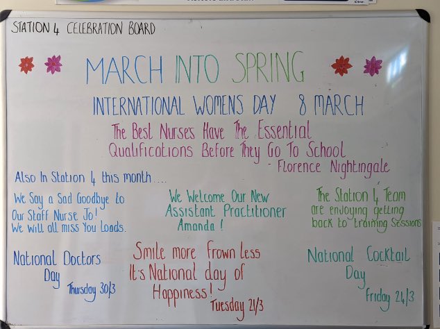 Our happy March board   Thanks Katie. Mailman gave her a hug as he enjoys reading it so much  #staffwellbeing #person centred #oneteam