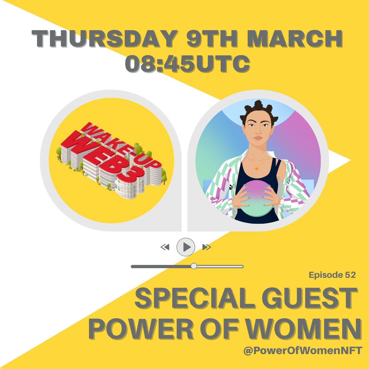 Tune in for Episode 52 on March 9th!

Special guest <a href="/leahsams/">Leah Ibrahim Sams</a> joins us to celebrate International Women's Day, talking about the amazing <a href="/PowerOfWomenNFT/">PowerOfWomenNFT</a> &amp; their new collection with <a href="/ManCity/">Manchester City</a> minting live today on Opensea!