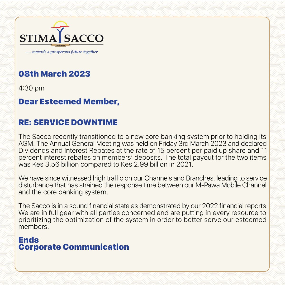 stimasacco's tweet photo. To our esteemed members.....#SaccoYanguMaishaYangu #AGM #BestSacco #StimaSaccoCares #Dividends #InterestRebates https://t.co/GyD5DmI7DG