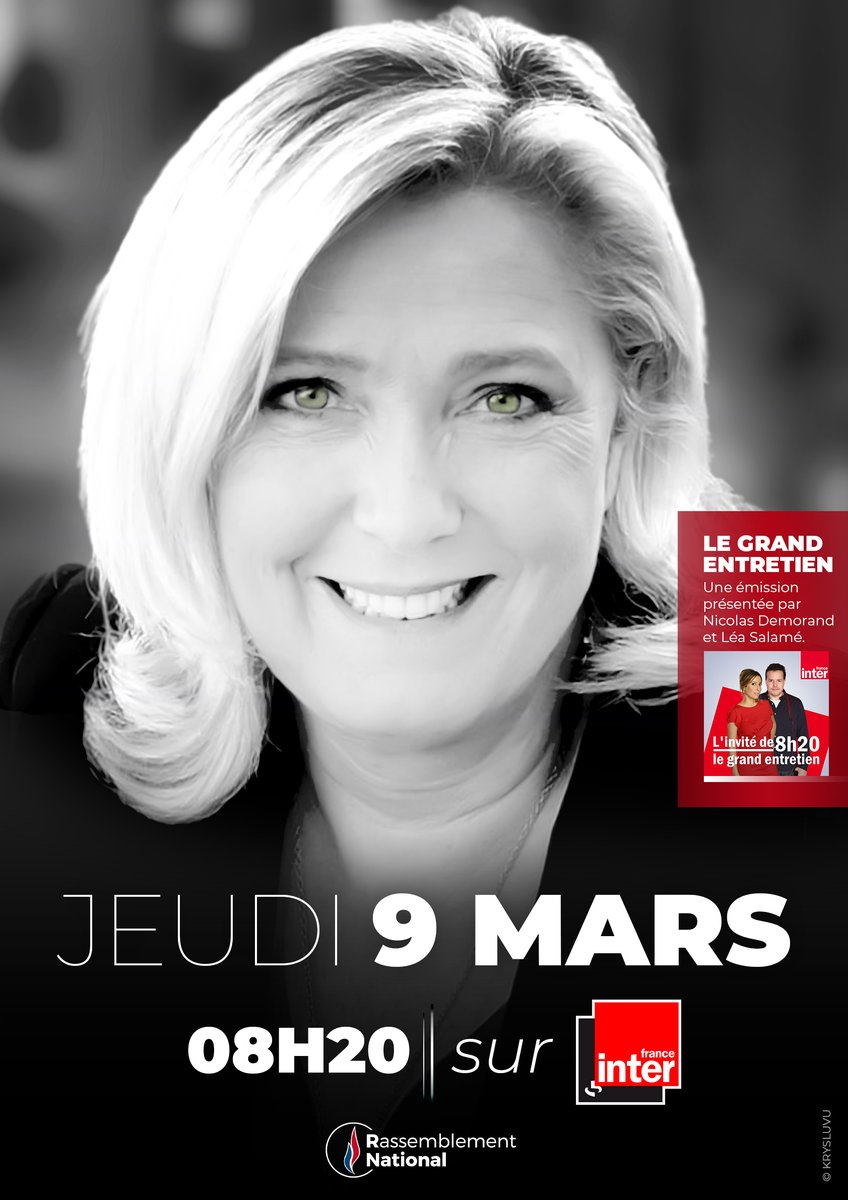 [RENDEZ-VOUS MÉDIAS] 📺📻 @MLP_officiel sera l'invitée de @franceinter, jeudi 9 mars à 08h20. 😊💪🇫🇷 #LinvitéDe8h20 #LeGrandEntretien

DIFFUSEZ L'INFO #RT et #Tousàvospostes ! ⤵️