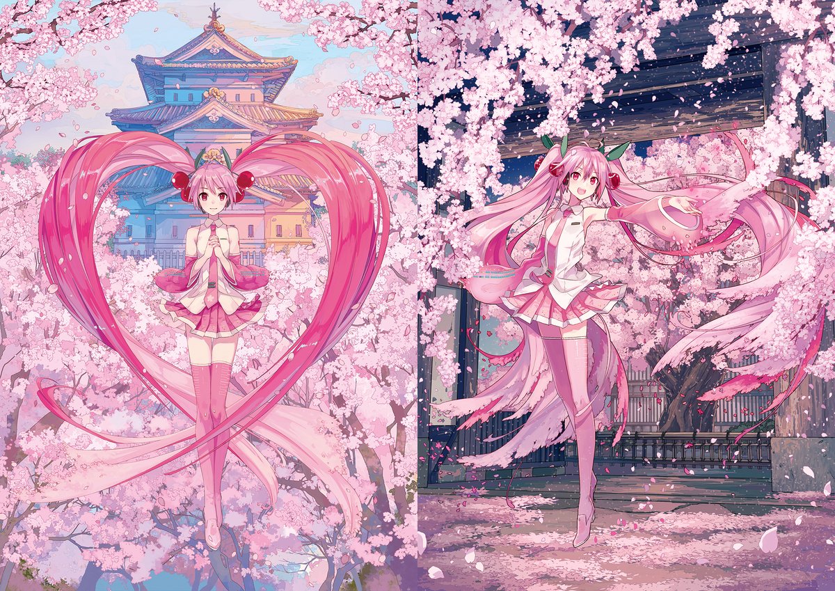 初音ミク ,桜ミク 「5年分8体の桜ミクさん!時系列で。毎年の春を思いだす。#ミクの日 #ミクの日20」|Eko iXimaのイラスト