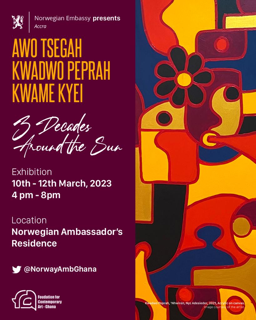 Thrilled about 3 days of displaying 3 talented and inspiring 🇬🇭artists at the upcoming #3DecadesAroundTheSun exhibition! 

So happy for <a href="/AwoTsegah/">Awo T</a>, <a href="/Kwvmekyei/">Kwamé</a> and <a href="/Vincipeprah/">kwadwo Peprah</a>⭐️Also a big thanks to <a href="/FCA_Ghana/">FCA Ghana</a> for great curatorial support! 

We are ready, are you? ☀️