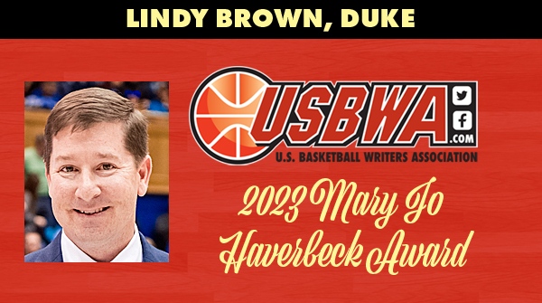 USBWA's tweet photo. We are pleased to recognize Lindy Brown of @DukeWBB as our 2023 Mary Jo Haverbeck Award recipient. Brown will be honored at the Final Four in Dallas for his service to the media. https://t.co/GTecjoCgdK https://t.co/zz65AibPD7