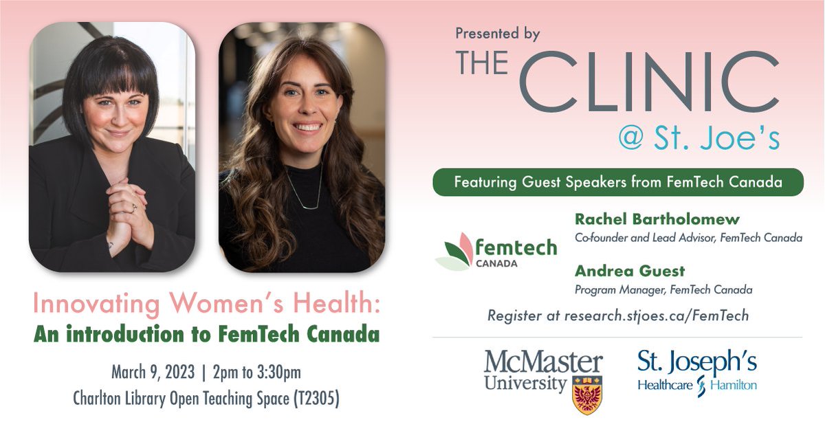 March 9th, 2-3:30PM Calling all #WomenEntrepreneurs & #innovators interested in learning more about #WomensHealth & #FemTech! Join @femtechcanada @ResearchStJoes @McMasterU at this free in-person #infosession: innovationfactory.ca/event/femtech-…