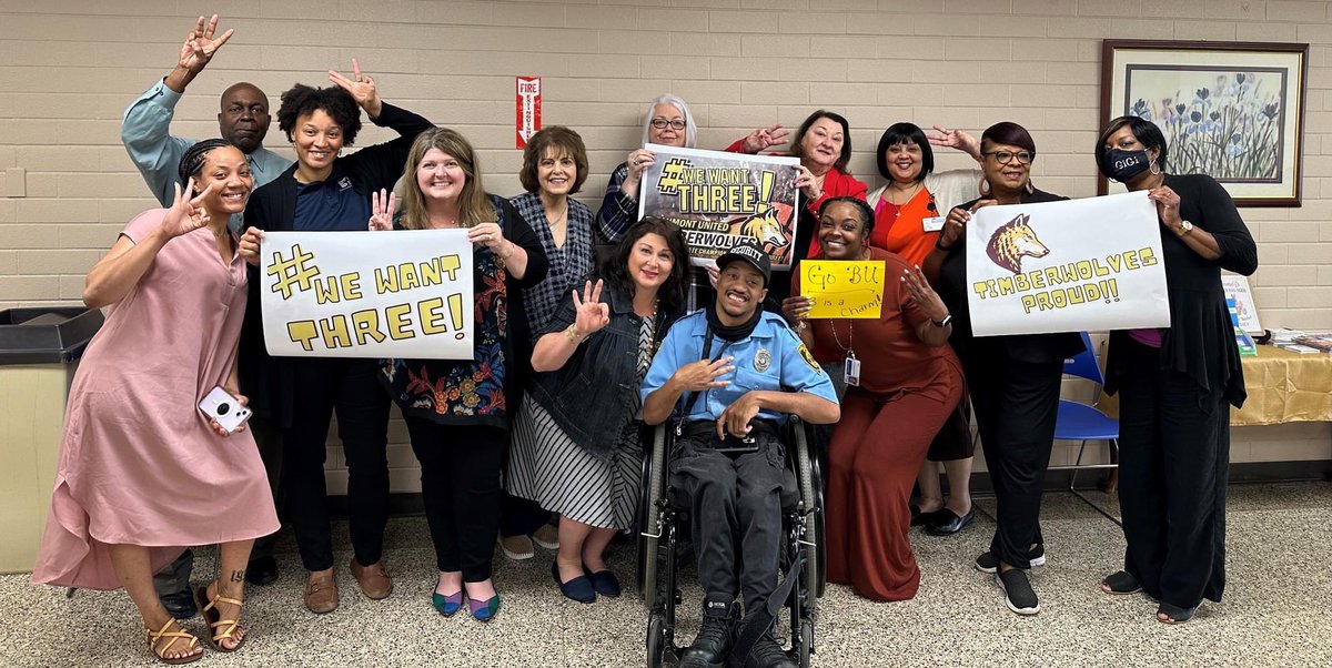 BeaumontISD's tweet photo. Whaddawewant???
#BMTISD's Curriculum and Instruction Department WANTS THREE!

Post your pictures holding #WeWantThree signs in support of #BeaumontUnited's #historic run for THREE STATE BASKETBALL CHAMPIONSHIPS!

#BMTISDProud
#BMTISDHistory
#GoBU
#GoTimberwolves! https://t.co/4WsUrD38Vr