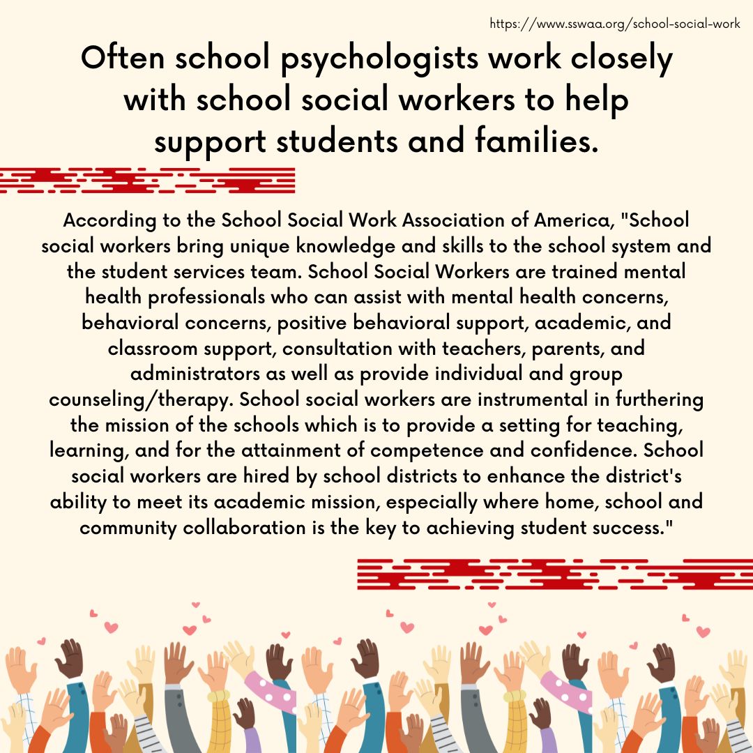 Happy School Social Work Week! School social workers are also key pieces of mental health teams, alongside school psychologists and school couneslors in schools.