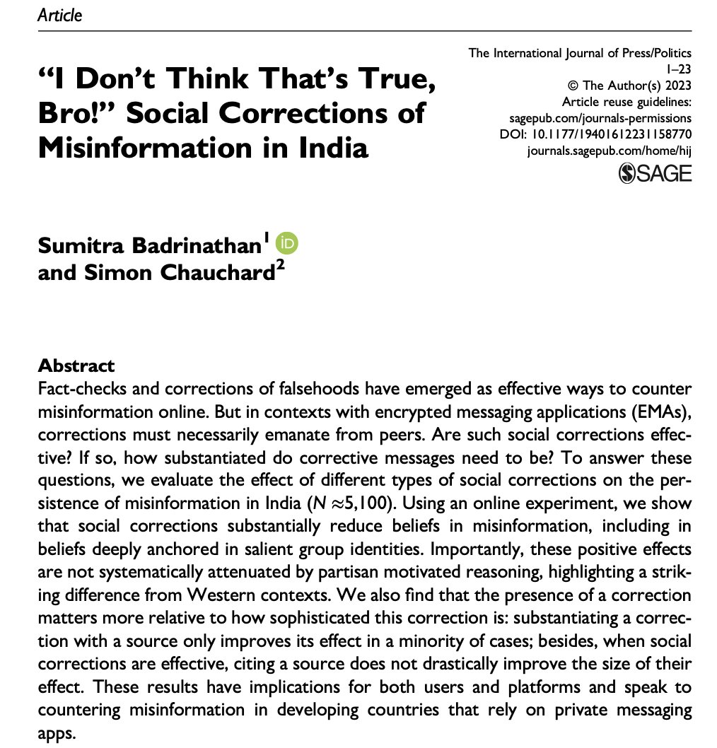 🚨 excited to share our new pub out at the International Journal of Press/Politics w @SimonChauchard! with over 5000 respondents in India, we show that simple rebuttals like 'i don't think that's true, bro' can make people less vulnerable to misinfo despite partisan ties