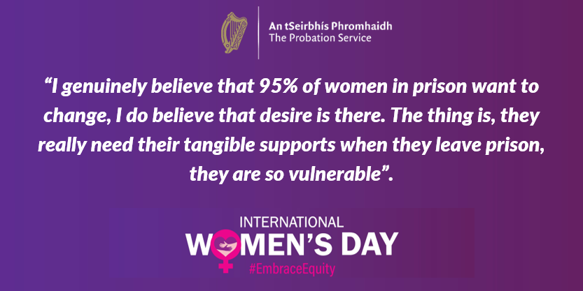 As part of our #IWD2023 celebrations, we caught up with Probation Officer, Caitriona Dennan who speaks about her time working with women in the Dóchas Centre and supporting their pathways away from offending.  #EmbraceEquity  

Read full article here: ow.ly/6V6z50Nc7rI