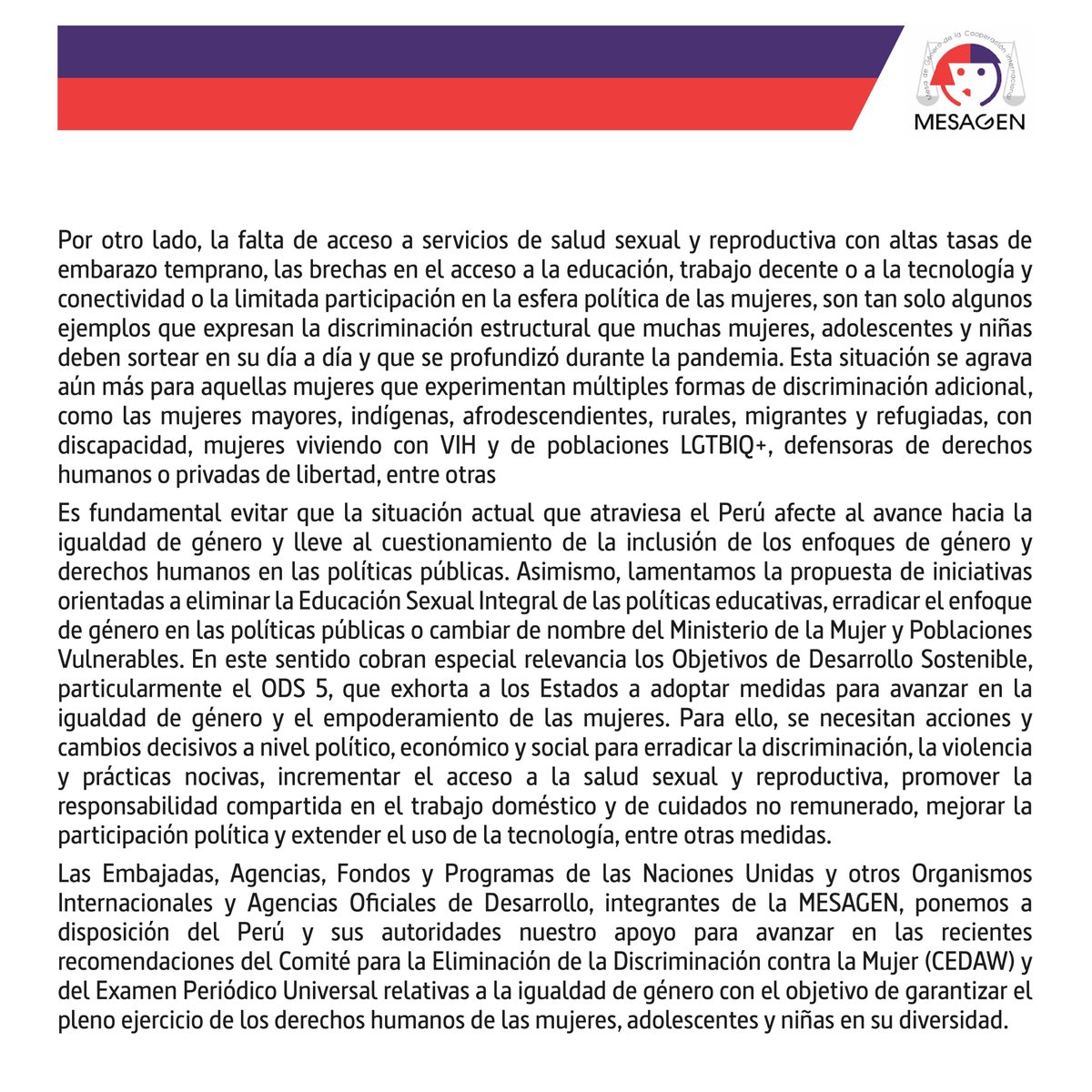 #DíadeLaMujer
#EU4Women
#CooperaciónFeminista

📣#8M En el marco del Día Internacional de la #Mujer 💪👩💜las y los integrantes de #Mesagen se pronuncian📣