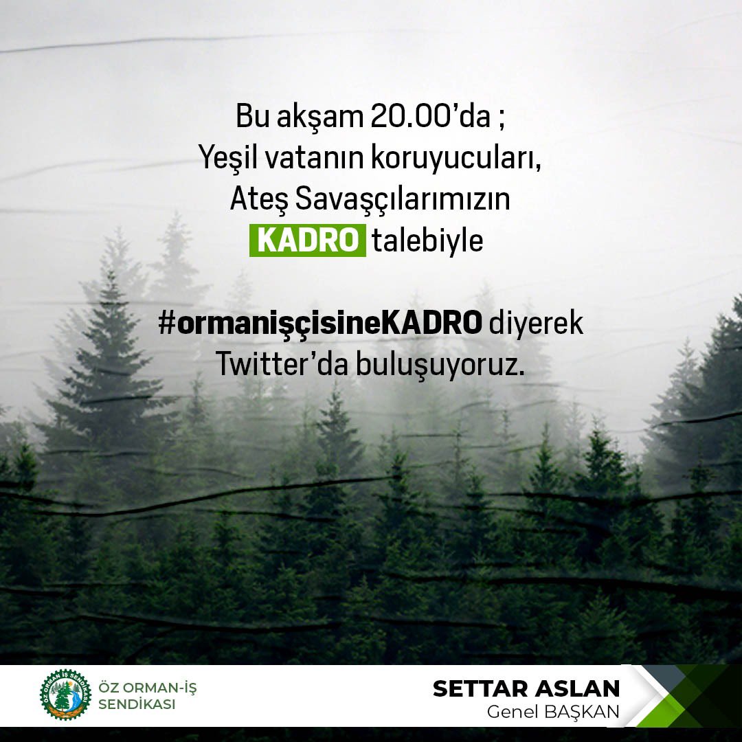 Bu akşam 20.00’da ;Yeşil vatanın koruyucuları,Ateş Savaşçılarımızın KADRO talebiyle #ormanişçisineKADRO diyerek Twitter’da buluşuyoruz.