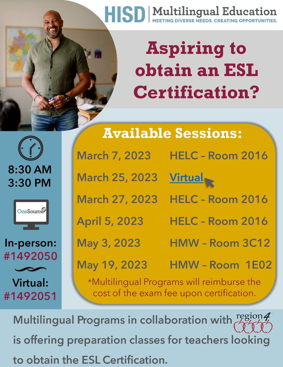 Teachers, are you considering getting Bilingual or ESL certified❓ @HISDMultiPrgms is offering preparation classes for ESL Supplemental TExES 154, Bilingual SupplementalTExES 164, and BTLPT 190. Different locations 🗺️ different 📆. 👁️👇