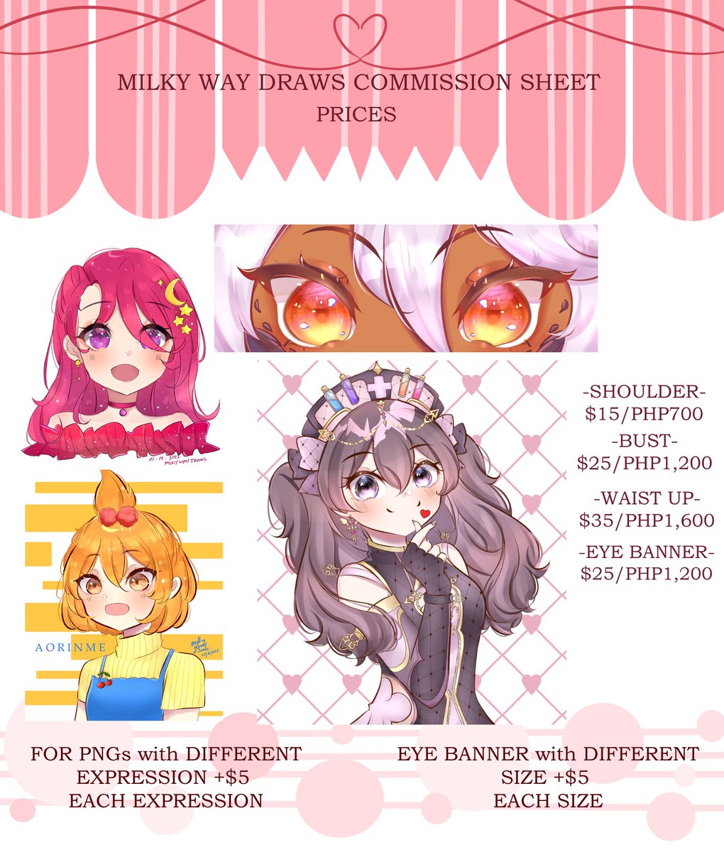 milkyway_draws's tweet photo. 🤍OPEN FOR COMMISSIONS🤍

From twitch/discord emotes, twitch panels, chibi, eye banners, PNGs, simple anime styled illustrations, dm to inquire or commish ✨ check each picture, thank you so much🤍

#commissionsopen #anime #digitalart #illustration #drawing #kawaii https://t.co/g9WyZE7JQQ
