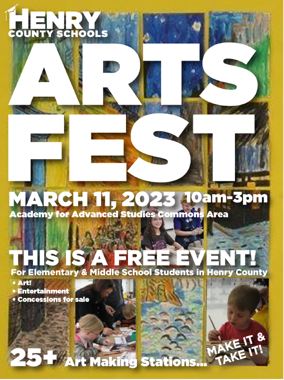 Join us this weekend as we celebrate #YouthArtMonth, for our annual @HenryCountyBOE ArtsFest 2023 at the Academy for Advanced Studies. This is a free event for elementary and middle school students!!  🎨🖌️