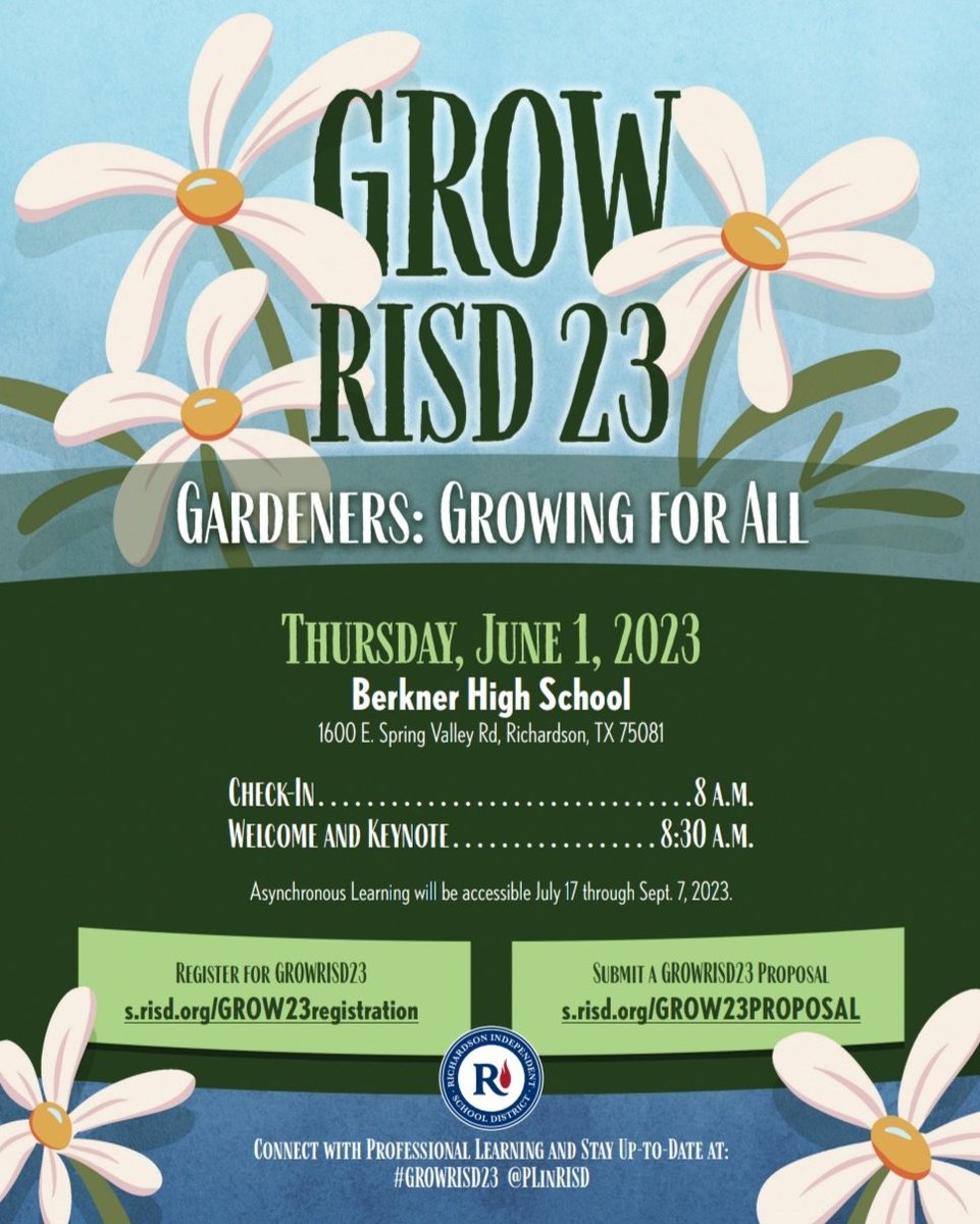 <a href="/RichardsonISD/">Richardson ISD</a> colleagues!! Ready for an engaging day of learning? Register to attend 
GROW RISD 23 here: richardson.schoolobjects.com/strive/profess…. Want to submit a proposal? Visit this link: s.risd.org/GROW23PROPOSAL 📚🌱 Please share with RISD friends!!