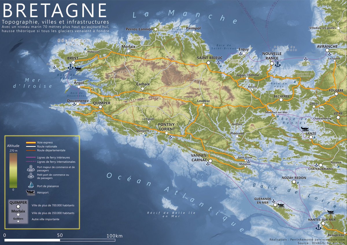 Un mec sur reddit a eu l'idée géniale de faire une carte de la Bretagne à niveau marin +70m, quand tous les glaciers auront fondu. La ville de Rennes a disparu sous les eaux et celle de Nantes est devenue Nantes-sur-mer.