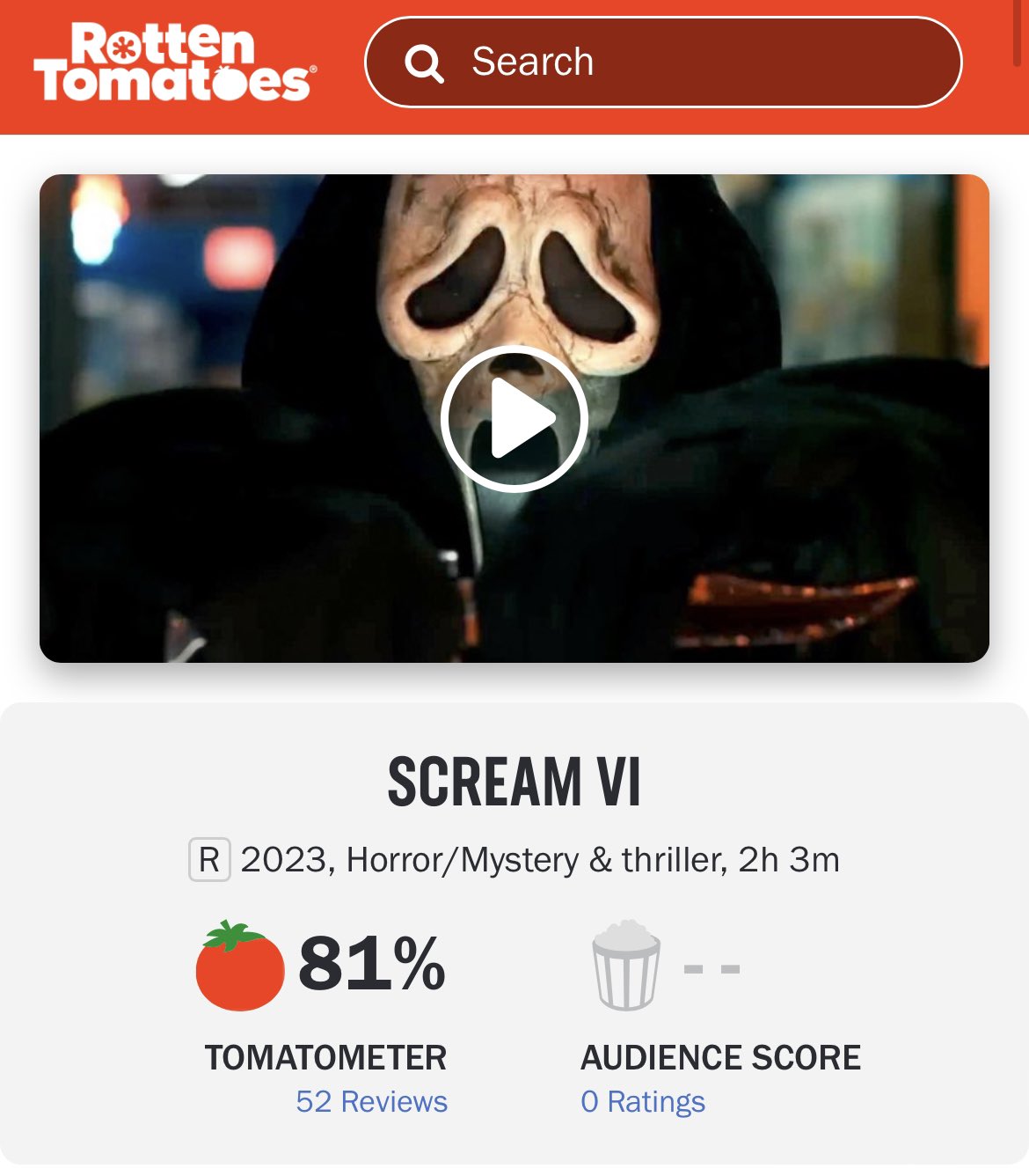 Film Updates on X: 'SCREAM VI' currently holds a Rotten Tomatoes score of  81% from 52 reviews so far. It is currently the second highest Rotten  Tomatoes score for a 'SCREAM' movie