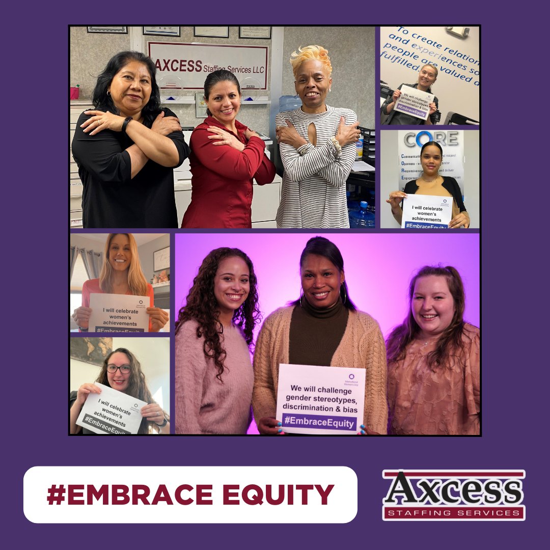 axcess_staffing's tweet photo. Today is International Women's Day! 💜 Axcess is celebrating by striking a pose to #EmbraceEquity and get the world talking about why equal opportunities aren't enough. People start from different places, so true inclusion and belonging require equitable action. #IWD2023 https://t.co/fb5ldB56SL
