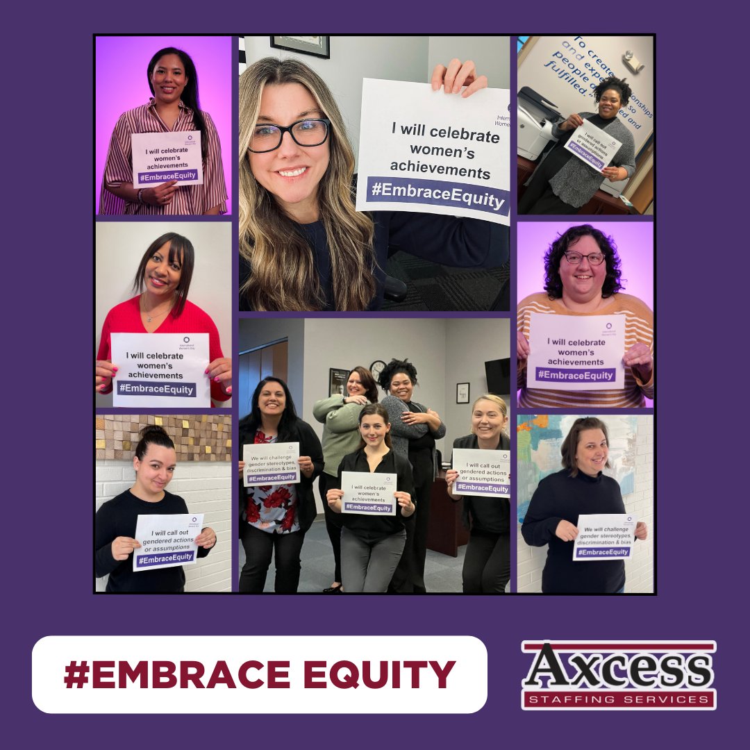 axcess_staffing's tweet photo. Today is International Women's Day! 💜 Axcess is celebrating by striking a pose to #EmbraceEquity and get the world talking about why equal opportunities aren't enough. People start from different places, so true inclusion and belonging require equitable action. #IWD2023 https://t.co/fb5ldB56SL