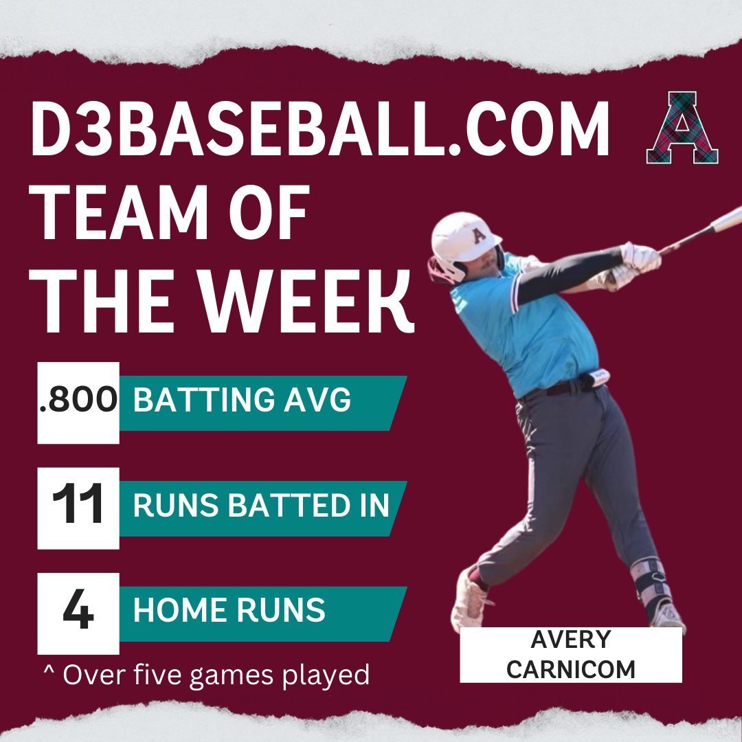 AlmaScots's tweet photo. The best first baseman in all of DIII last week? That would be Avery Carnicom who batted at an .800 average (16-20), scored nine runs in just five games, and became the all-time career home run leader at Alma College hitting his 22nd of his career!
@AlmaScotsBSB https://t.co/i0sGqFHUf0