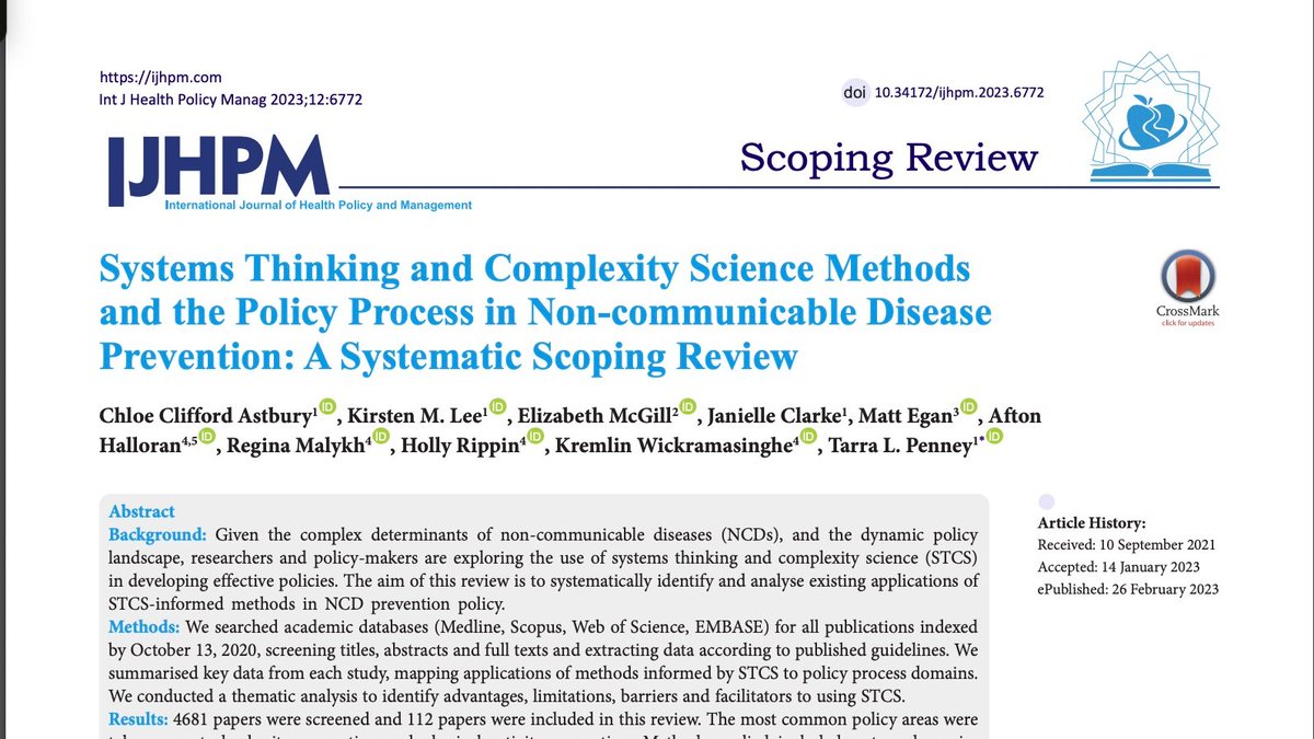 Excited to see this out in the world! New scoping review @IJHPM looking at how #systemsthinking and #complexityscience methods have been been put to work in the policy process for #NCD prevention ijhpm.com/article_4389.h…