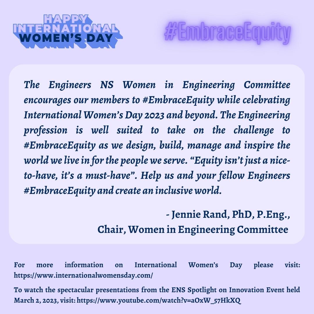 Engineers NS (@engineersns) on Twitter photo Happy IWD! Dr. Jennie Rand, P.Eng., chair of the Women in Engineering Committee, has provided a message in recognition of this year’s theme #EmbraceEquity. Thank you to the women who make a difference in the engineering community! 
<a href="/womensday/">Women's Day</a> <a href="/EngineersCanada/">Engineers Canada</a> <a href="/AcadiaU/">Acadia University</a>  #IWD2023 Happy IWD! Dr. Jennie Rand, P.Eng., chair of the Women in Engineering Committee, has provided a message in recognition of this year’s theme #EmbraceEquity. Thank you to the women who make a difference in the engineering community! 
<a href="/womensday/">Women's Day</a> <a href="/EngineersCanada/">Engineers Canada</a> <a href="/AcadiaU/">Acadia University</a>  #IWD2023