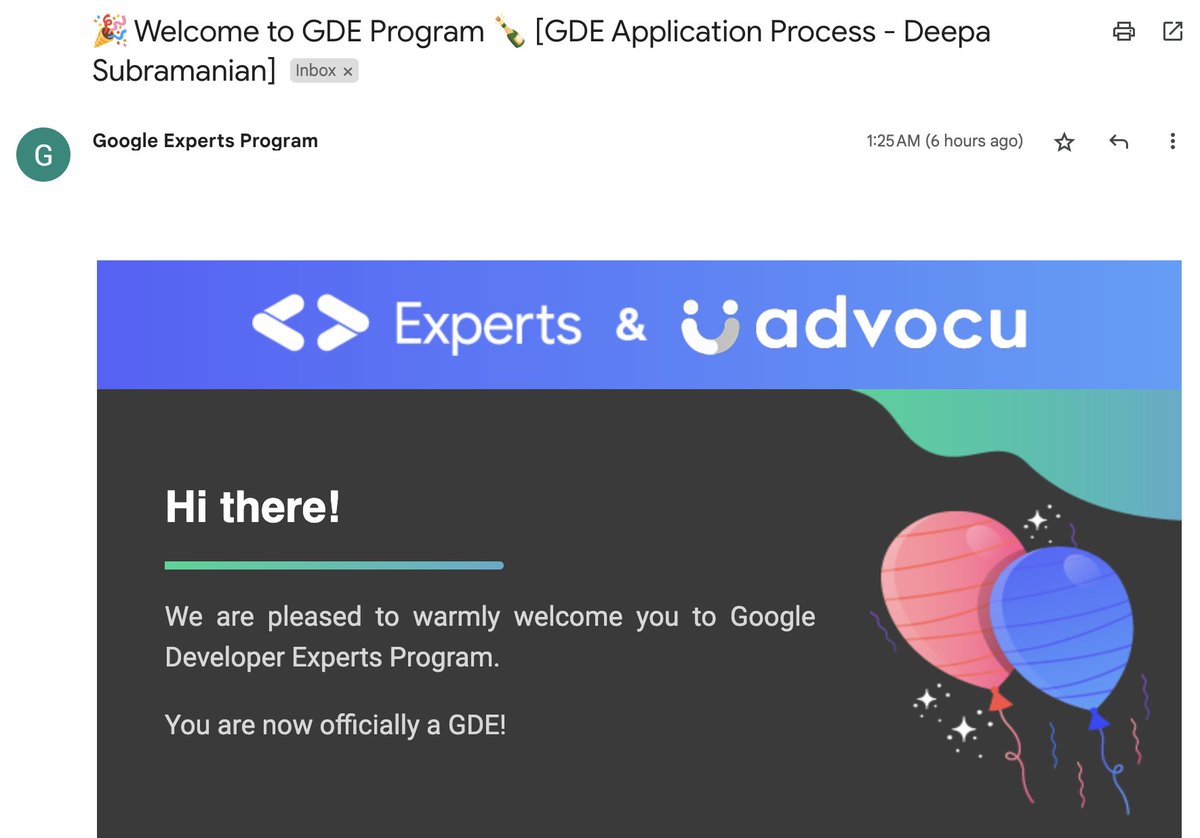 sdk_deepa's tweet image. I am pleased to announce that I am a #GoogleDeveloperExpert in 🎉💥 Web Technologies 💥 🎉 I would like to thank @caitlin_mo, @_KylePaul , @mad_sha @justynapolitans @aniediudo, @JamesLMilner @drcoderz @christianliebel @rabimba @leichteckig , Corrina Lu, Magdalena Włodarska.
