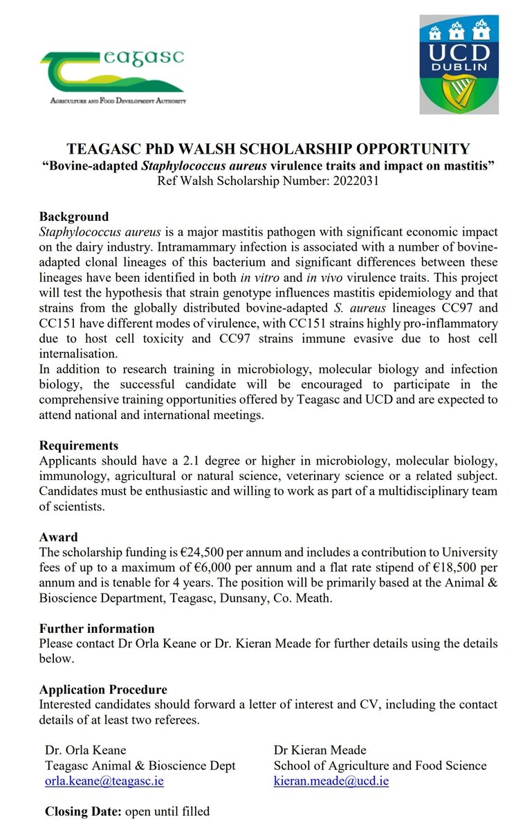 Kieran Meade (@kmeade11) on Twitter photo Fancy making a contribution to our scientific understanding of one the most challenging issues in Animal Science? We have a funded PhD position on bovine mastitis with Dr Orla Keane of <a href="/teagasc/">Teagasc</a> & <a href="/ucdagfood/">UCD School Ag & Food</a>. Exciting training in microbiology, immunology and genomics! Please RT. Fancy making a contribution to our scientific understanding of one the most challenging issues in Animal Science? We have a funded PhD position on bovine mastitis with Dr Orla Keane of <a href="/teagasc/">Teagasc</a> & <a href="/ucdagfood/">UCD School Ag & Food</a>. Exciting training in microbiology, immunology and genomics! Please RT.