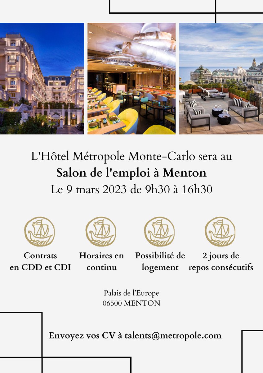 Jeudi 9 mars, les équipes de l'#Hôtel Métropole Monte-Carlo seront présentes à Menton pour le Salon de l'#emploi ! Une occasion de se rencontrer à ne pas manquer. Envoyez-nous votre CV à talents@metropole.com. #hôtellerie #restauration #luxuryindustry #palace #recrutement #job