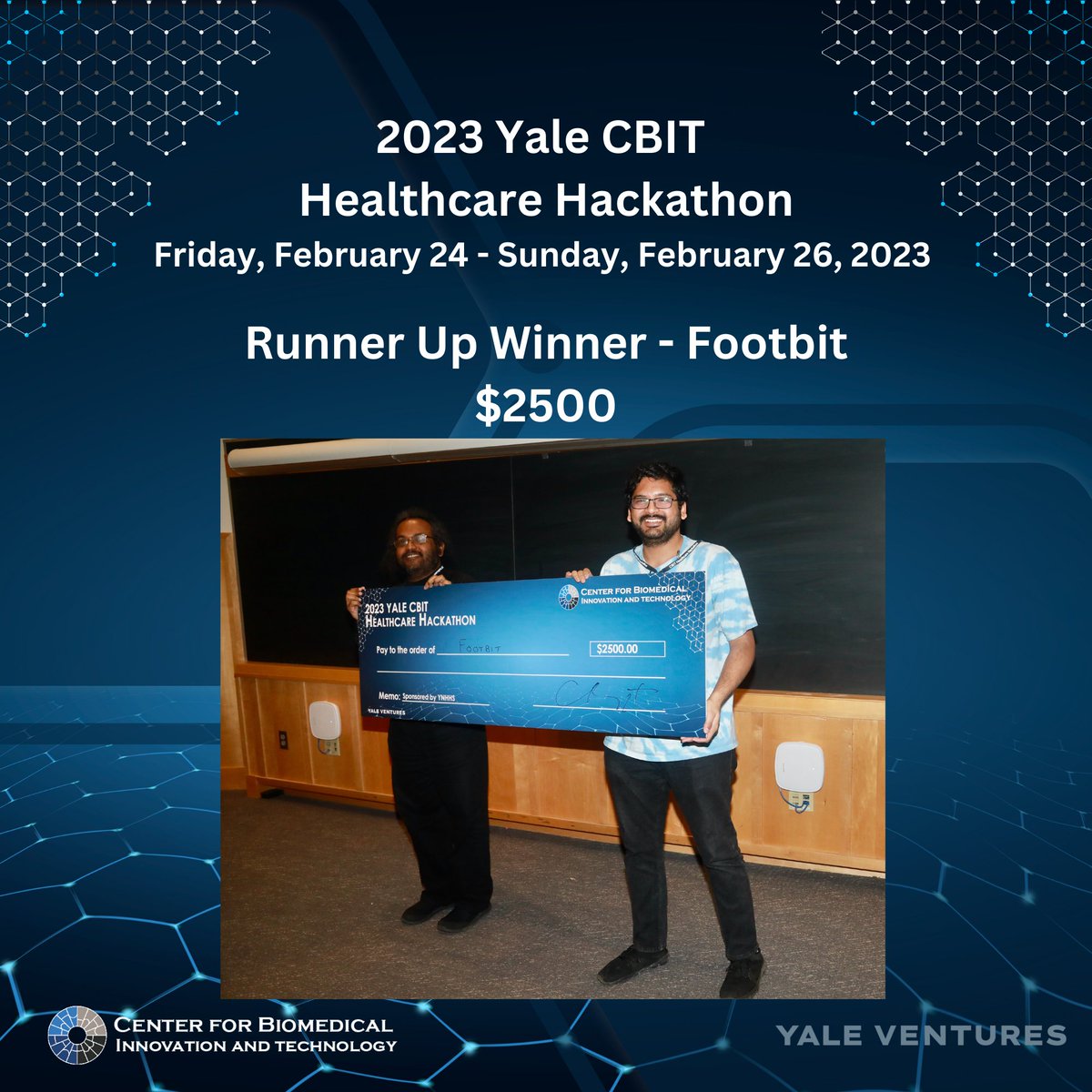 YCbit's tweet photo. @YaleCBIT 
Congratulations to our Runner Up winner! 

Team Members: Vijay Bhaskar Chiluveru, Muntaser Syed 

Summary: Better leg health,​ with real-time, non-invasive &amp;​ user-friendly monitoring https://t.co/6knVDkYO4u