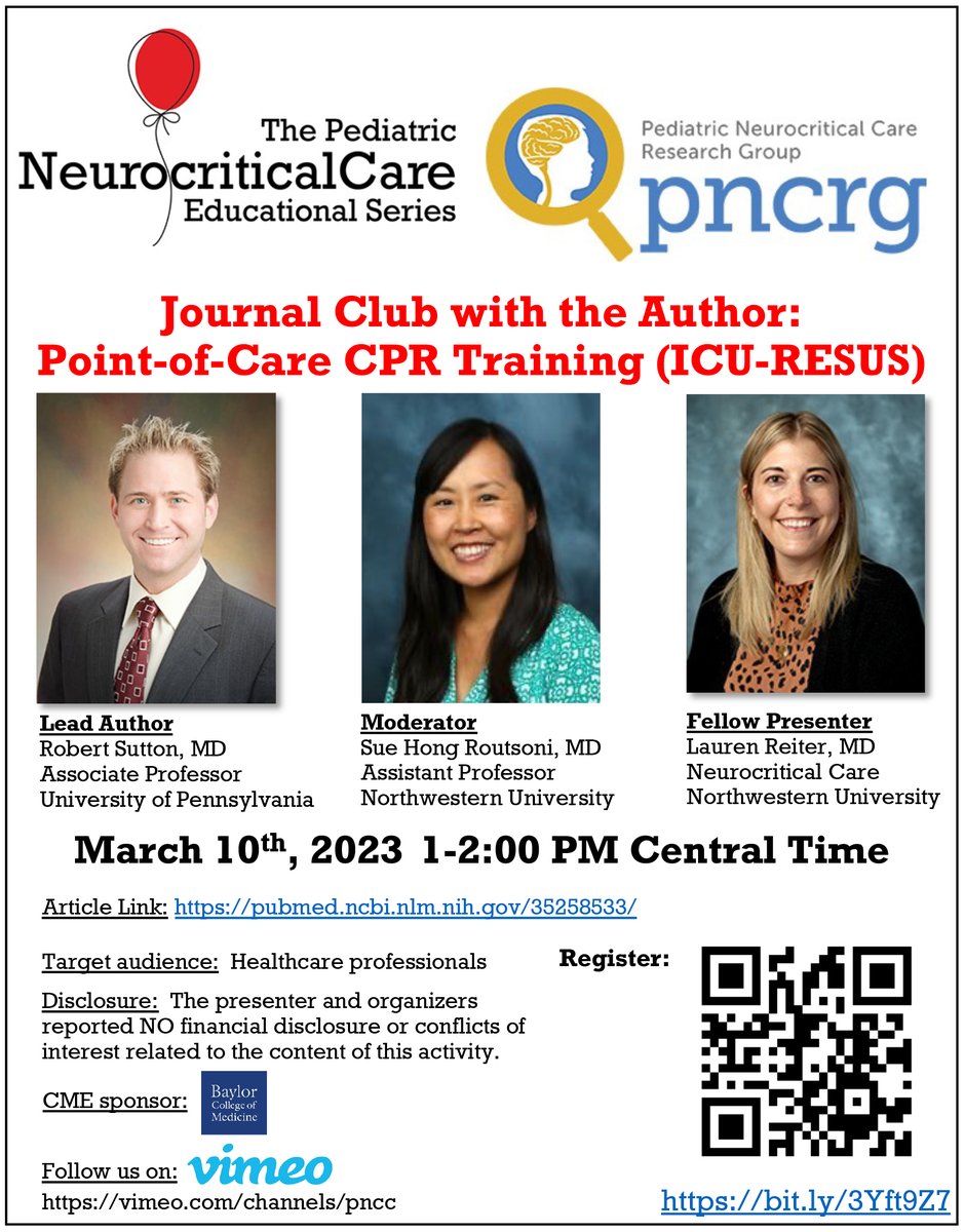 🌟Pediatric Neurocritical Care Education Series🌟 Another #NeuroPICU community 📔 club! Does Point-of-Care #CPR Training Protect 🧠? ICU-RESUS Trial Journal Club w/ The Author pubmed.ncbi.nlm.nih.gov/35258533 🗓️This Friday 1-2 PM CST 👉Register: bit.ly/3Yft9Z7 #PedsICU