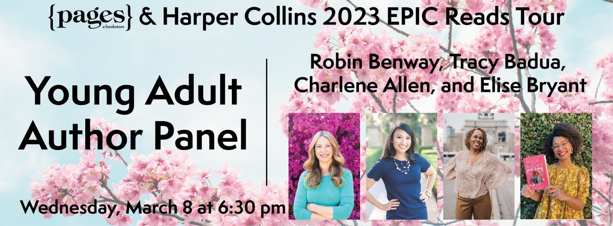 Tonight 3/8 at @PagesMB, the last stop of our @EpicReads tour! Excited to chat with @RobinBenway, @CharleneAWrites, and @elisembryant! pagesabookstore.com/event/young-ad…