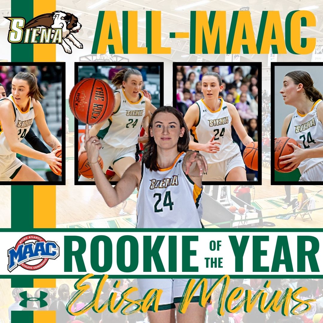 4⃣✖️ #MAACHoops Rookie of the Week

🥇 the only women's freshman in MAAC history to win Player and Rookie of the Week

🎞️ "The Mevius Miracle"

🔝🐶 

Elisa Mevius is the 2⃣0⃣2⃣3⃣ MAAC Rookie of the Year ‼️ 💚💛

📰 bit.ly/3F71d2W

#MarchOn | #SienaSaints | #NCAAW
