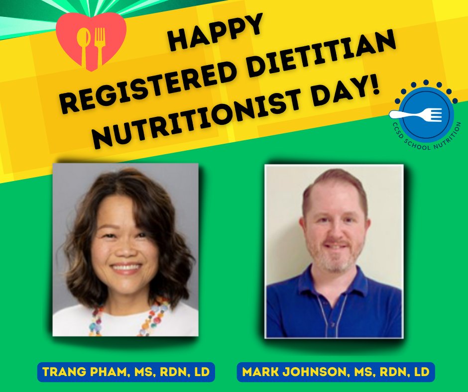 🤩 We are proud to have 2 Registered Dietitian Nutritionists (RDN's) on staff here at CCSD, Trang and Mark! #registereddietitianday