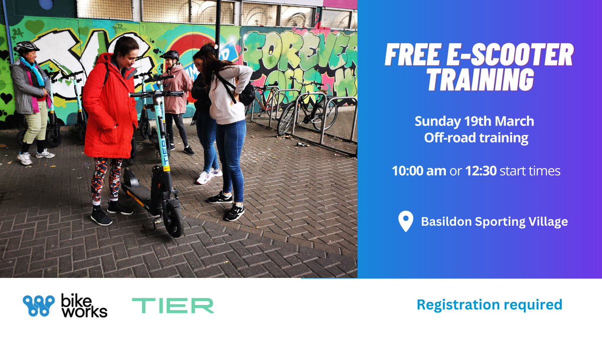 Live in #Basildon?

Learn skills &amp; build confidence with @tier_mobility 2-hour #escooter training from our trained instructors. 

You’ll get free TIER voucher codes for taking part 💥

Booking info here: bikeworks.org.uk/Essex/ 

#EscooterTraining  #ChangeMobilityForGood
