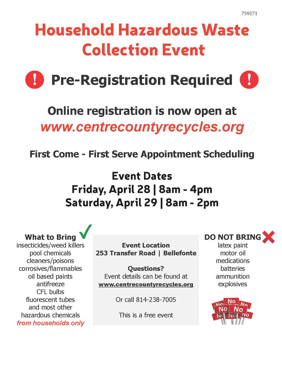 FergusonTwpPA's tweet photo. Don't forget to pre-register for the Household Hazardous Waste Collection Event taking place April 28-29! Register online at https://t.co/XxP1Y9Wk4P

#FergusonTownship #centrecounty https://t.co/nO6mXK4zuv