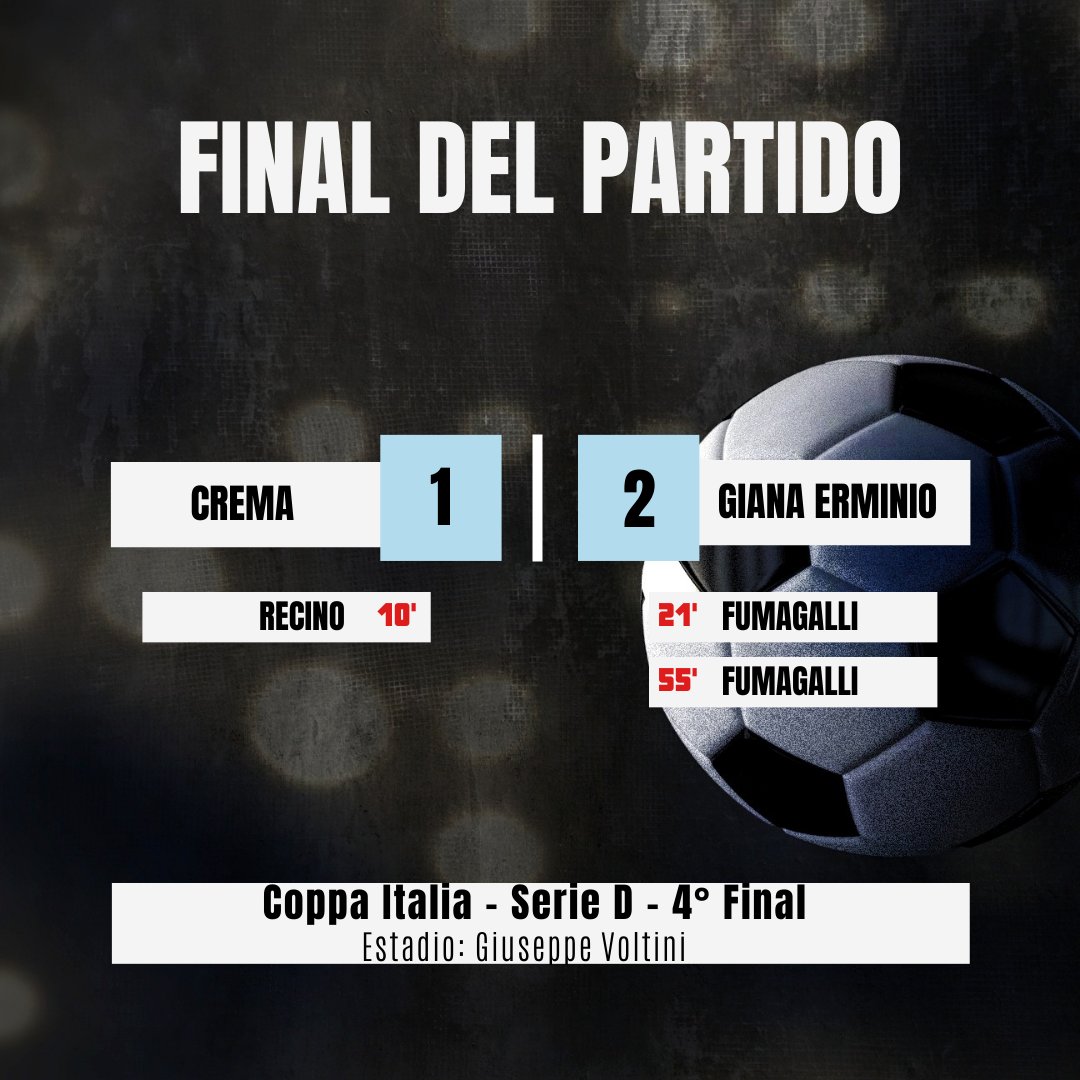 Coppa Italia ⚽️🏆🇮🇹 | Serie D | 4° Final 

Crema 1-2 Giana Erminio 

#coppaitalia #calcio #football #italia #italy #sport 
#seried #calcioitaliano #campionatoditalia #lnd #leganazionaledilettanti #calciodilettanti  
#crema
#gianaerminio #diretta #news #stadio