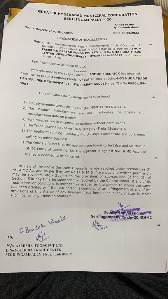 aamishafoods's tweet photo. Despite appeals to #GHMC that we have all the requisite licenses, they revoked our Trade License. But wait, when illegally sealing our office yesterday our Trade License was not renewed (even though our TR is still valid) then which license did they revoke? @GHMCOnline #GoofUp🤪 https://t.co/x1NHJSiD6t