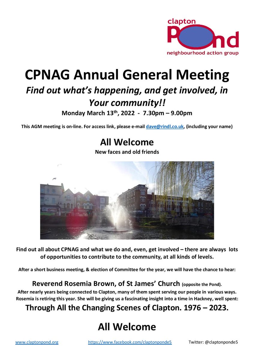 A Date for Your Diary!
Mon, 13 Mar, 7.30-9pm
CPNAG AGM (Online)
Find out what's happening, &amp; get involved in, your community.
After a business meeting, &amp; election of Committee .... a short talk:
Reverend Rosemia Brown, St James' Church (opposite Pond).
All Welcome!!!