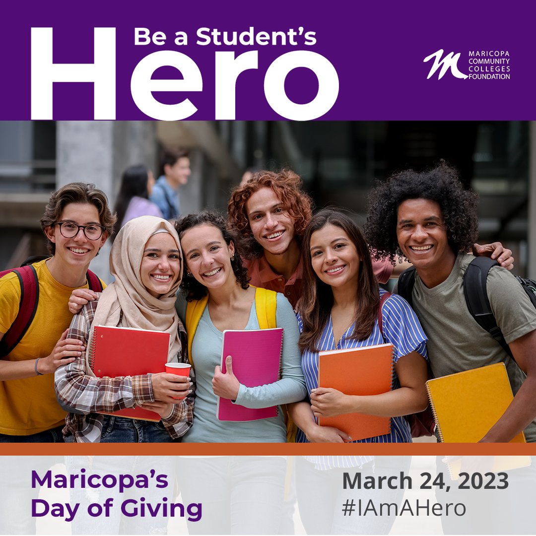 MCCCDF's tweet photo. Today is the day you become a hero! 

Join all ten Maricopa Community Colleges for our annual day of giving, in which we hope to raise $200,000 in support of students who need your help the most. 

Be a Student's Hero at https://t.co/b841F9wwQ8 #IAmAHero https://t.co/qZMY9Sesk0