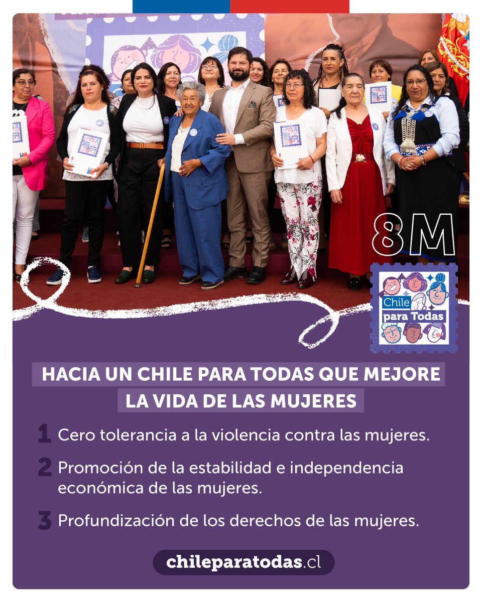 🟣En este #8M conmemoramos el #DíaInternacionalDeLaMujer fortaleciendo la agenda de género, a través de acciones concretas que permitan que las mujeres vivan en un #ChileParaTodas. 
📲Conoce más detalles en gob.cl/chileparatodas/