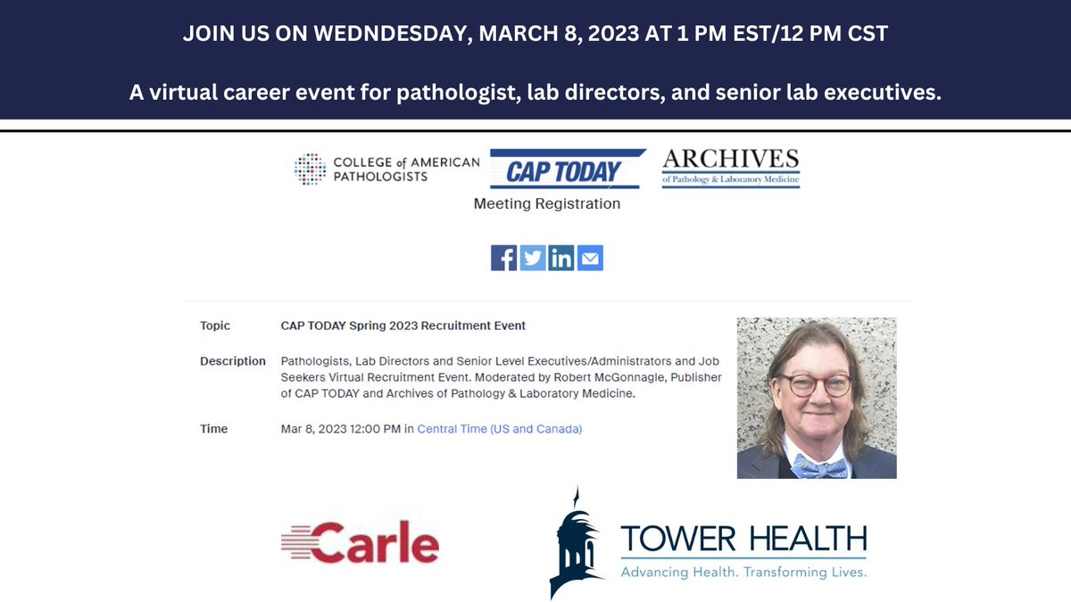 KERHGroup's tweet photo. We are excited to be participating in a virtual career event for pathologist, lab directors, and senior lab executives. #pathologyjobs #carlehealth #TeamTower #TowerHealth https://t.co/GN0MwHTKtP https://t.co/4nAOBw3HRH
